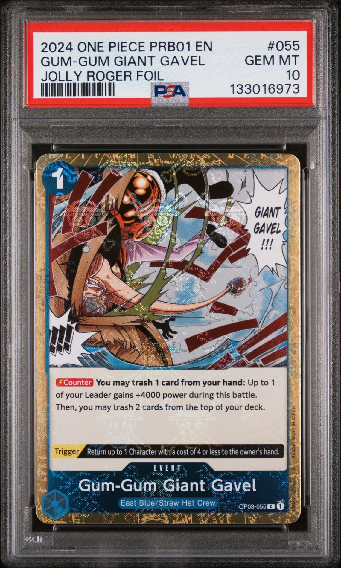 PSA 10 Gum-Gum Giant Gavel - OP03-055 - Jolly Roger Foil - PRB01 One Piece - Cert 133016973 - PSA slab front