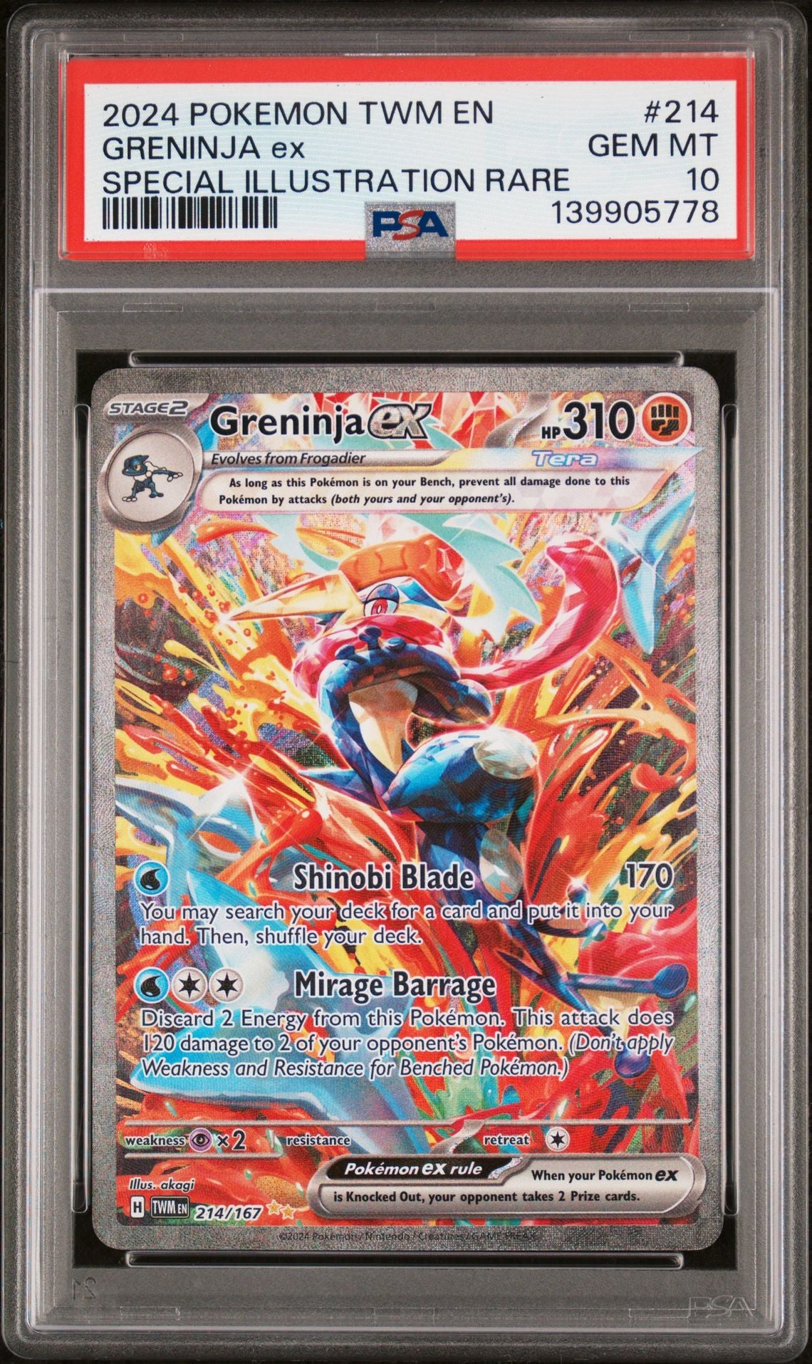 PSA 10 Greninja ex - 214/167 - Special Illustration Rare - Twilight Masquerade - Cert 139905778 - PSA slab front