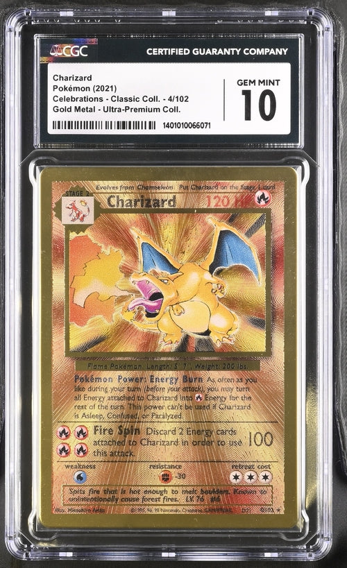 CGC 10 Charizard (Gold Metal) - 4/102 - Celebrations Classic Collection Ultra-Premium Collection - Cert 1401010066071 - CGC slab front