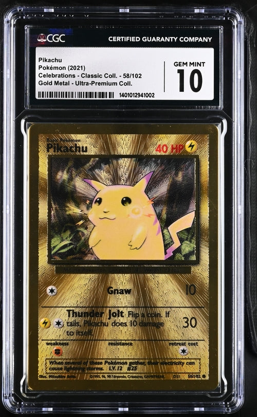 CGC 10 Pikachu (Gold Metal) - 58/102 - Celebrations Classic Collection Ultra-Premium Collection - Cert 1401012941002 - CGC slab front