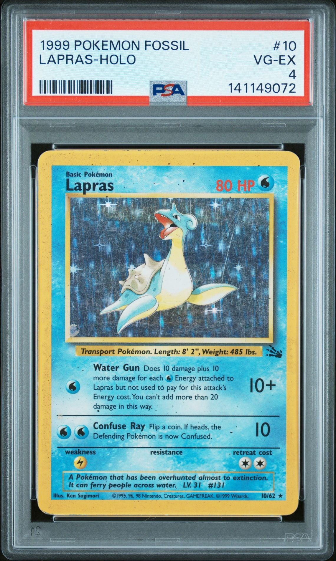 PSA 4 Lapras - 10/62 - Holo Rare - Fossil - Cert 141149072 - PSA slab front