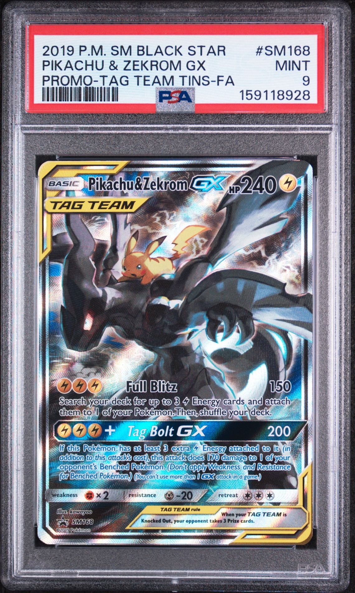 PSA 9 Pikachu & Zekrom GX - SM168 - Promo - Cert 159118928 - PSA slab front