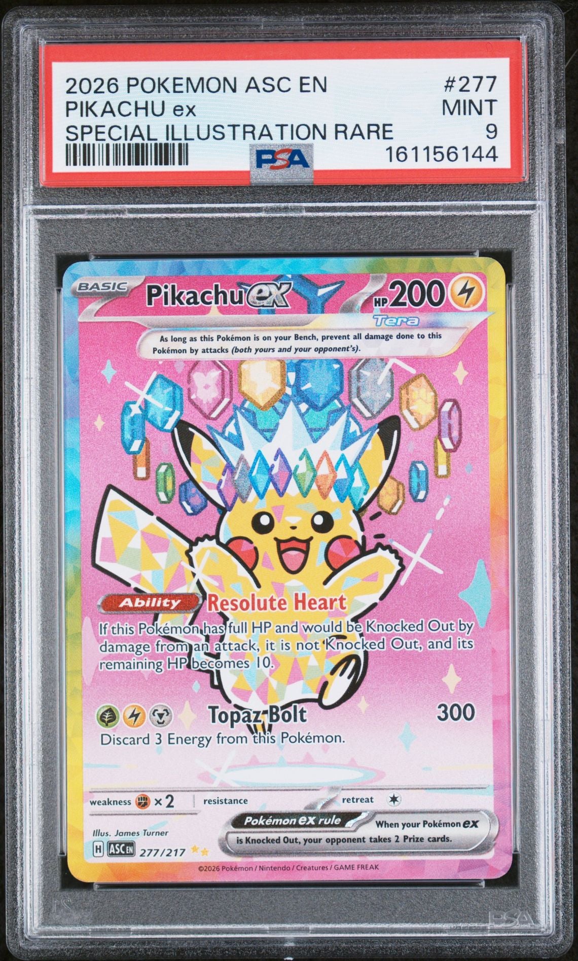 PSA 9 Pikachu ex - 277/217 - Special Illustration Rare - Ascended Heroes - Cert 161156144 - PSA slab front