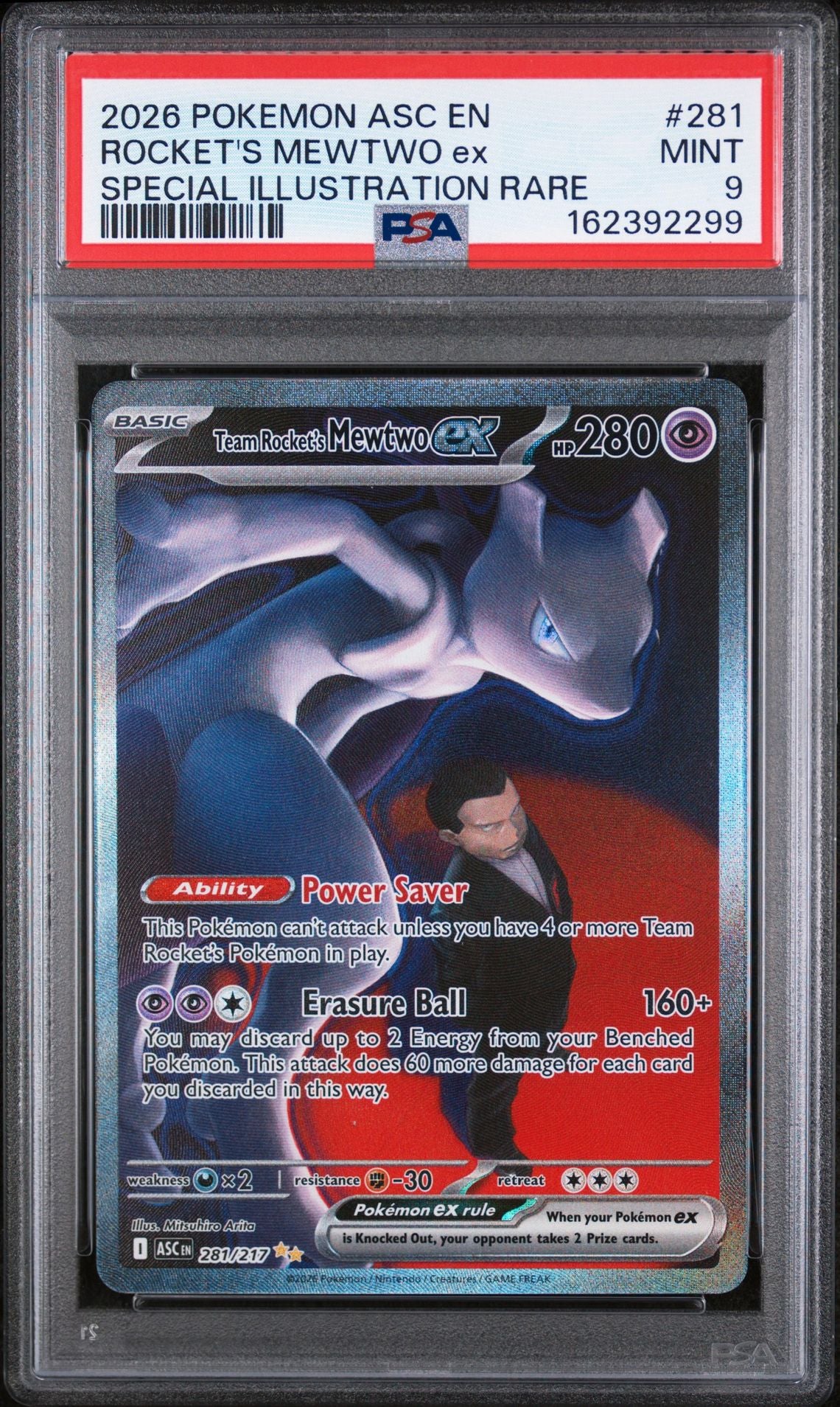 PSA 9 Team Rocket's Mewtwo ex - 281/217 - Special Illustration Rare - Ascended Heroes - Cert 162392299 - PSA slab front