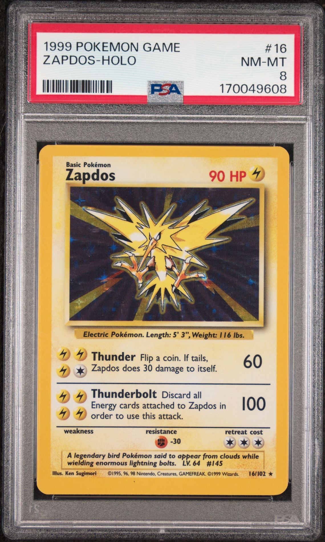 PSA 8 Zapdos - 016/102 - Rare - Base Set - Cert 170049608 - PSA slab front