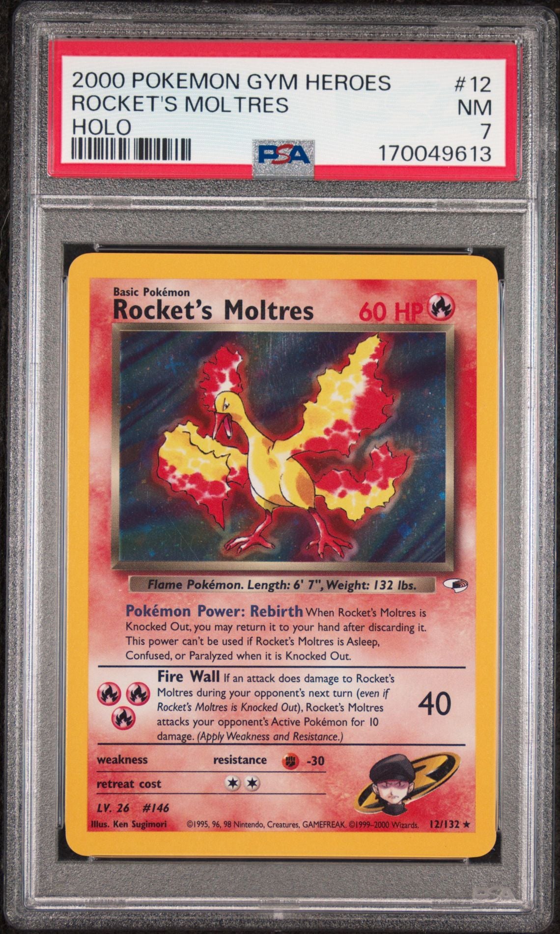 PSA 7 Rocket's Moltres - 012/132 - Rare - Gym Heroes - Cert 170049613 - PSA slab front