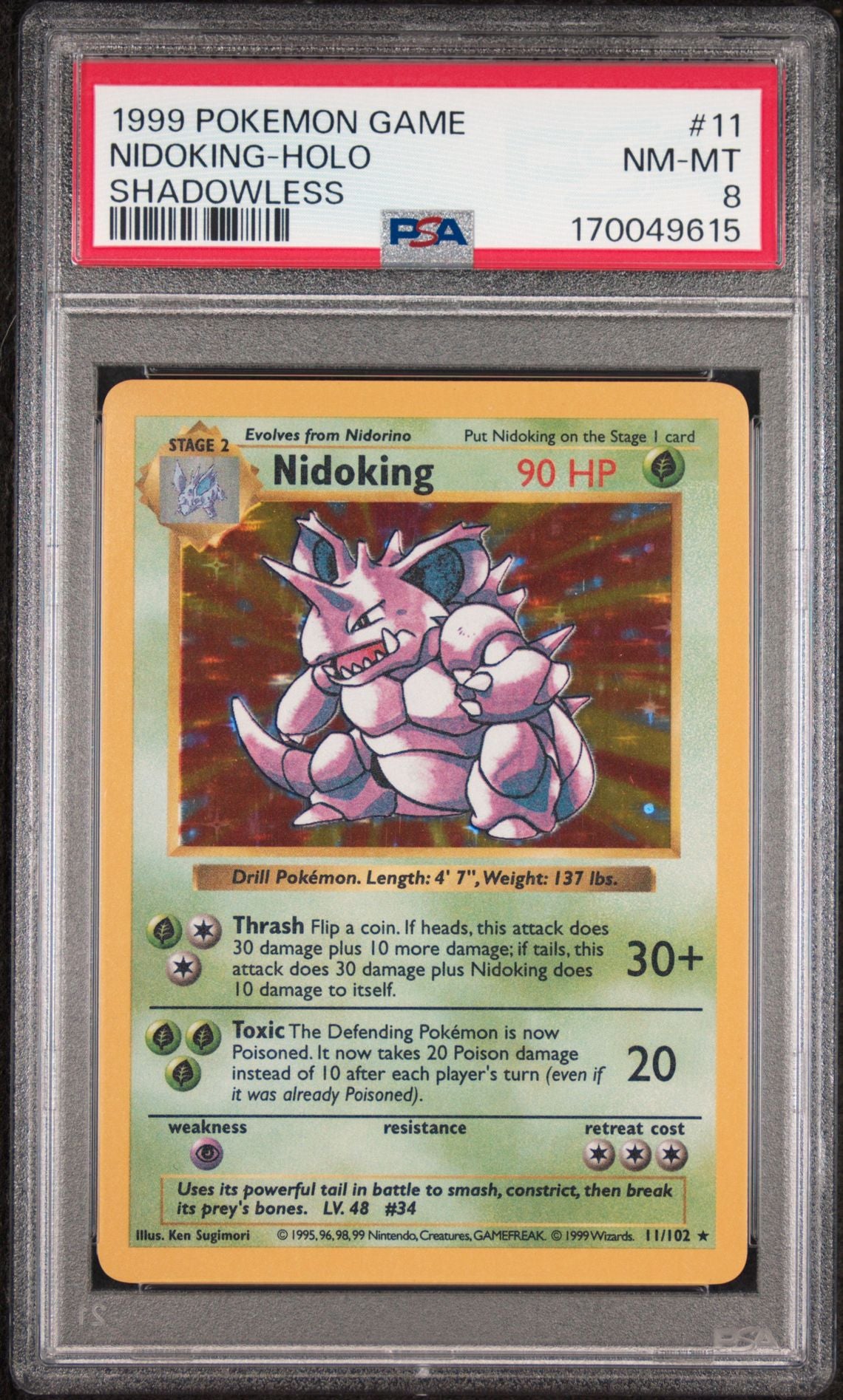 PSA 8 Nidoking [Shadowless] - 011/102 - Rare - Base Set - Cert 170049615 - PSA slab front