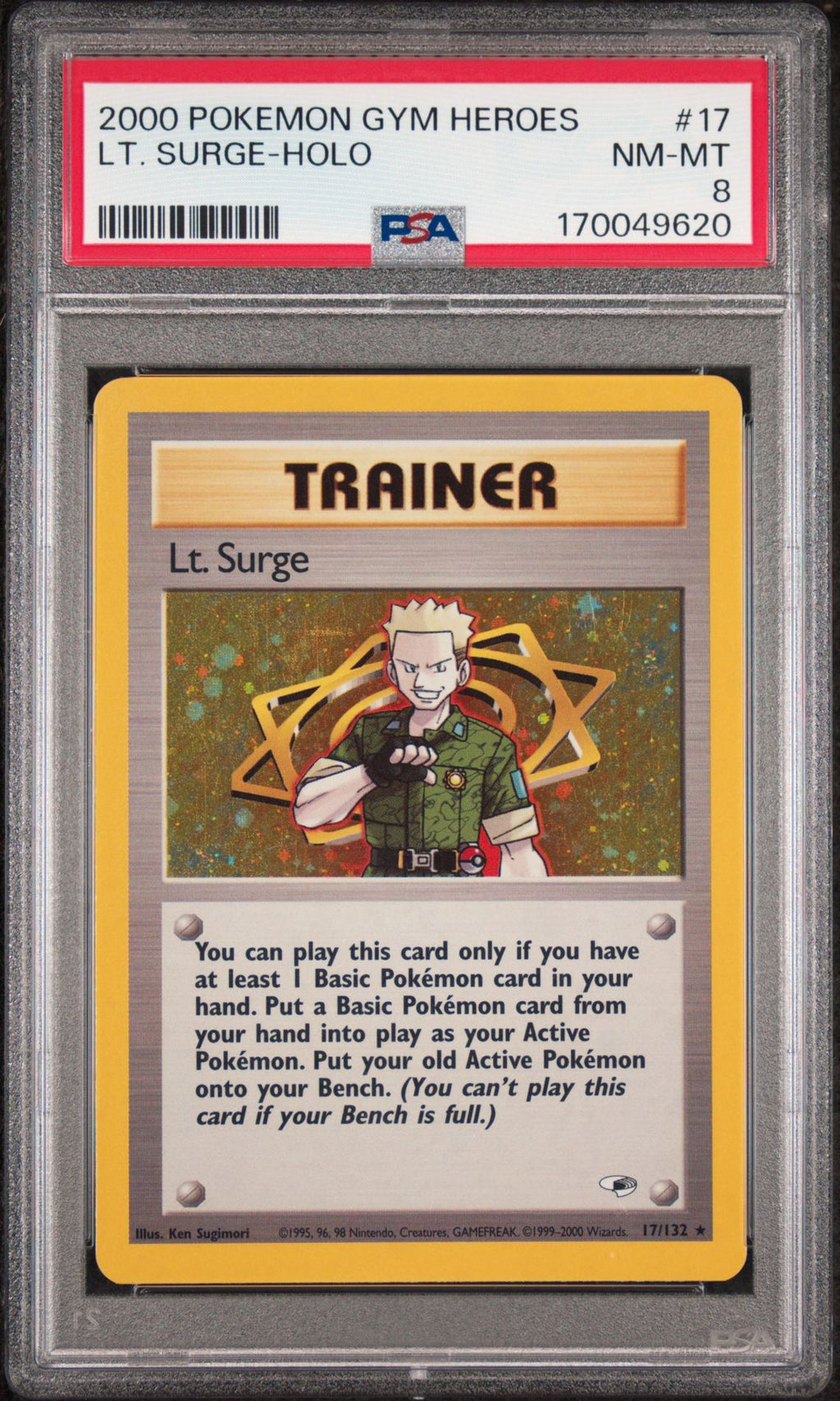 PSA 8 Lt. Surge - 017/132 - Rare - Gym Heroes - Cert 170049620 - PSA slab front