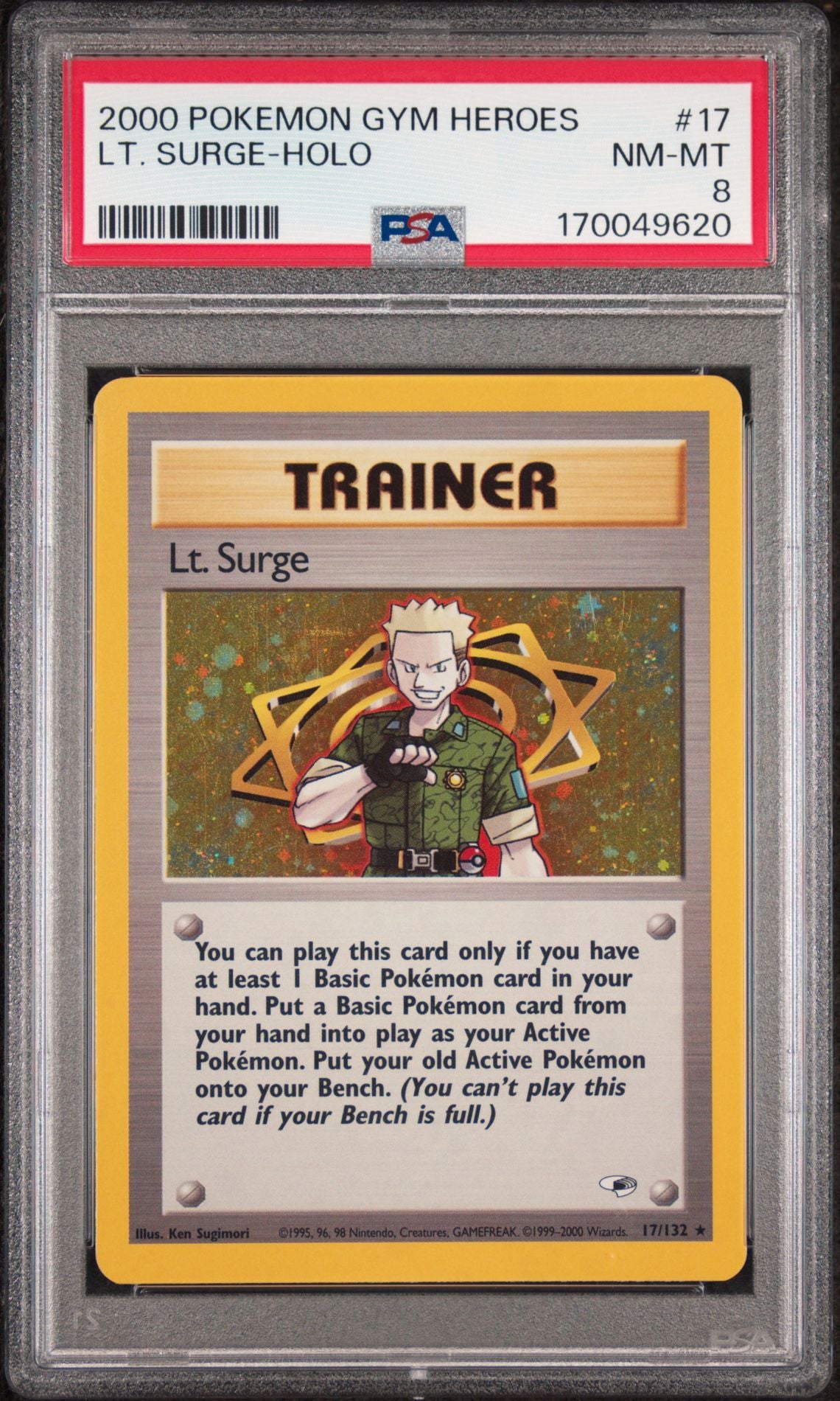 PSA 8 Lt. Surge - 017/132 - Rare - Gym Heroes - Cert 170049620 - PSA slab front