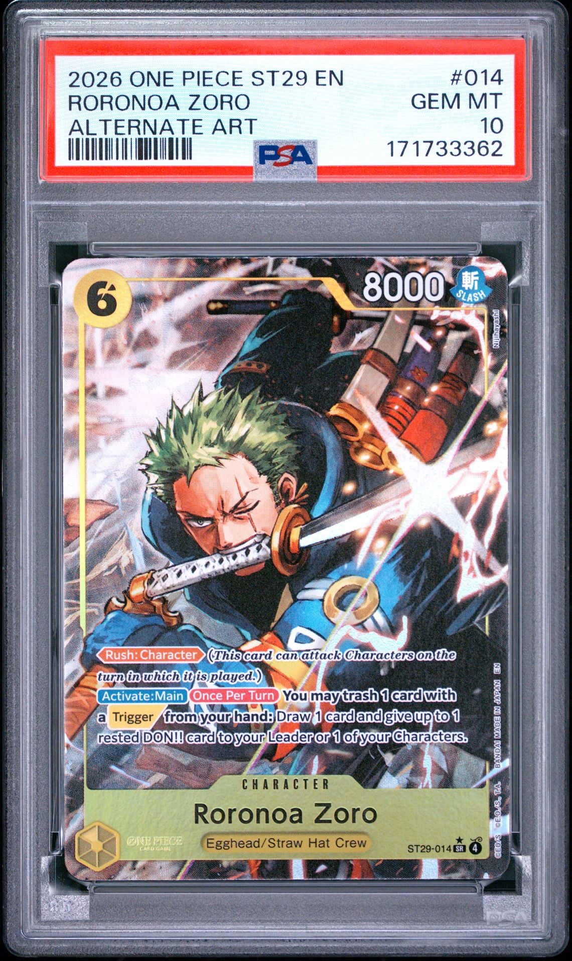PSA 10 Roronoa Zoro [Full Art] - ST29-014 - Starter Deck 29: Egghead - Cert 171733362 - PSA slab front