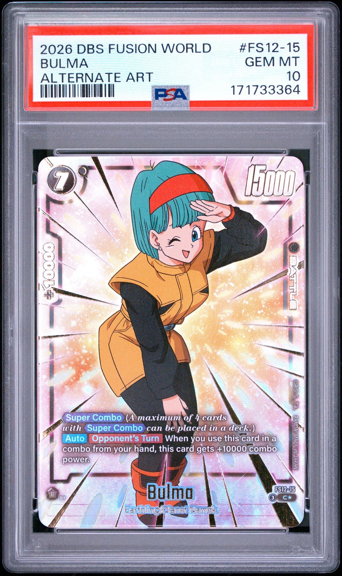 PSA 10 Bulma [Gold] - FS12-15 - Alternate Art - Dragon Ball Super Fusion World - Cert 171733364 - PSA slab front
