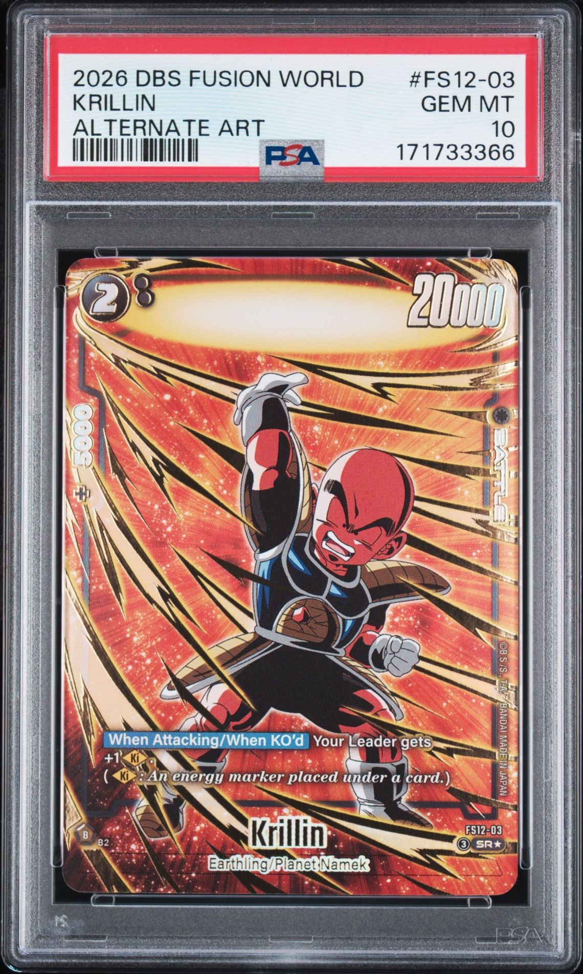 PSA 10 Krillin - FS12-03 - Alternate Art - Dragon Ball Super Fusion World - Cert 171733366 - PSA slab front