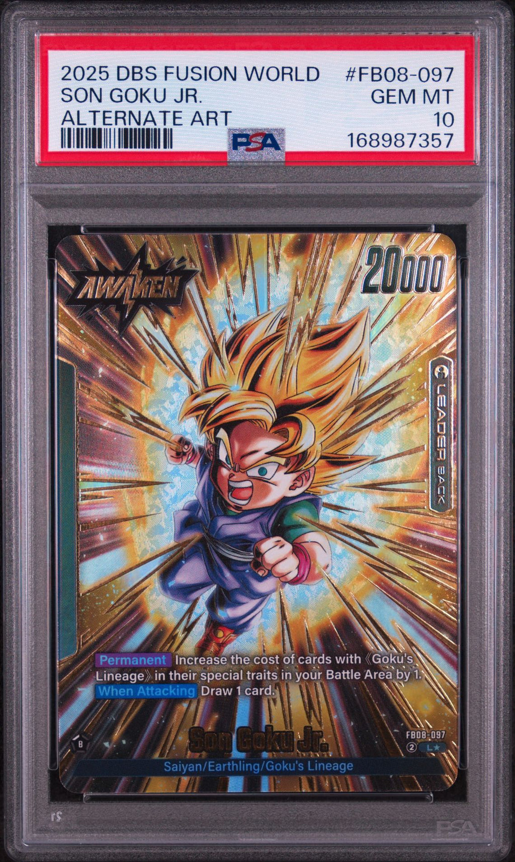 PSA 10 Son Goku Jr. (Alternate Art) - FB08-097 - Leader - Saiyan's Pride - Cert 168987357 front