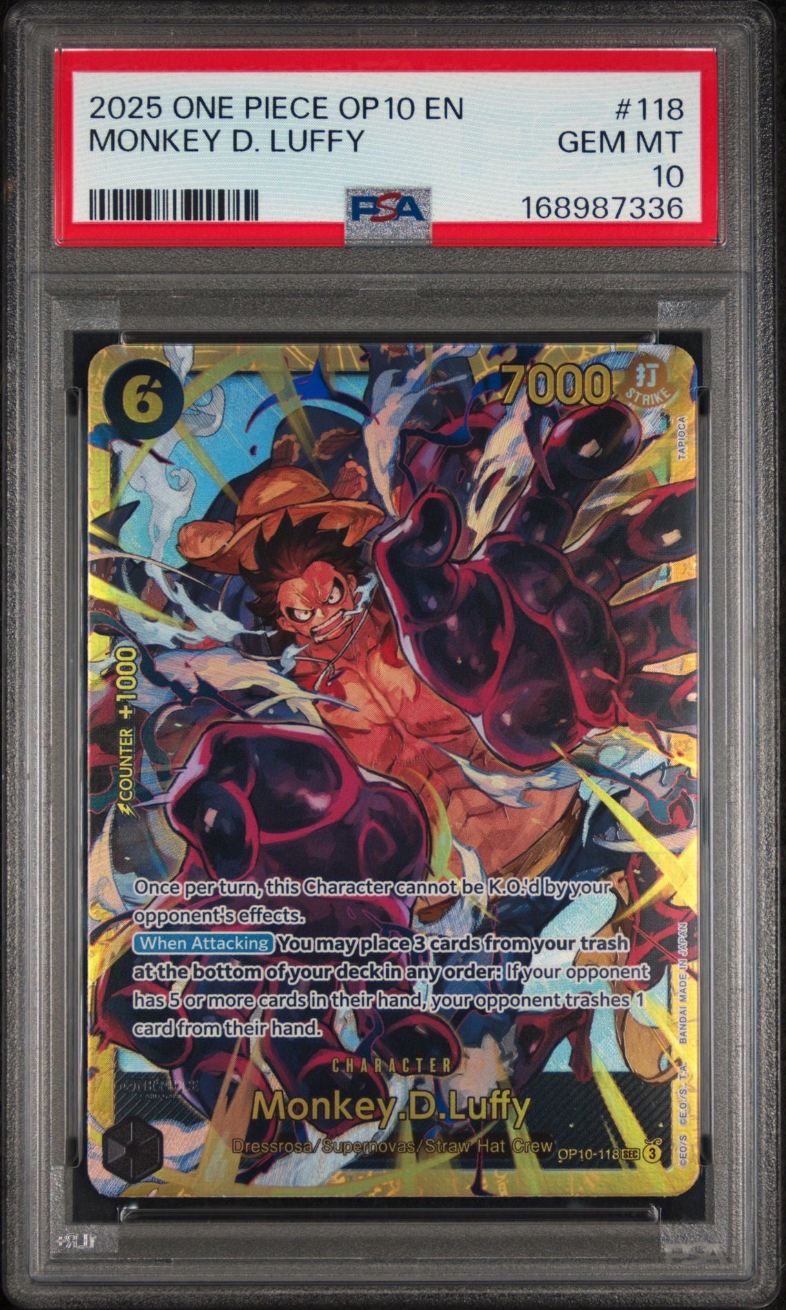 PSA 10 Monkey.D.Luffy - OP10-118 - SEC - Royal Blood - Cert 168987336 front
