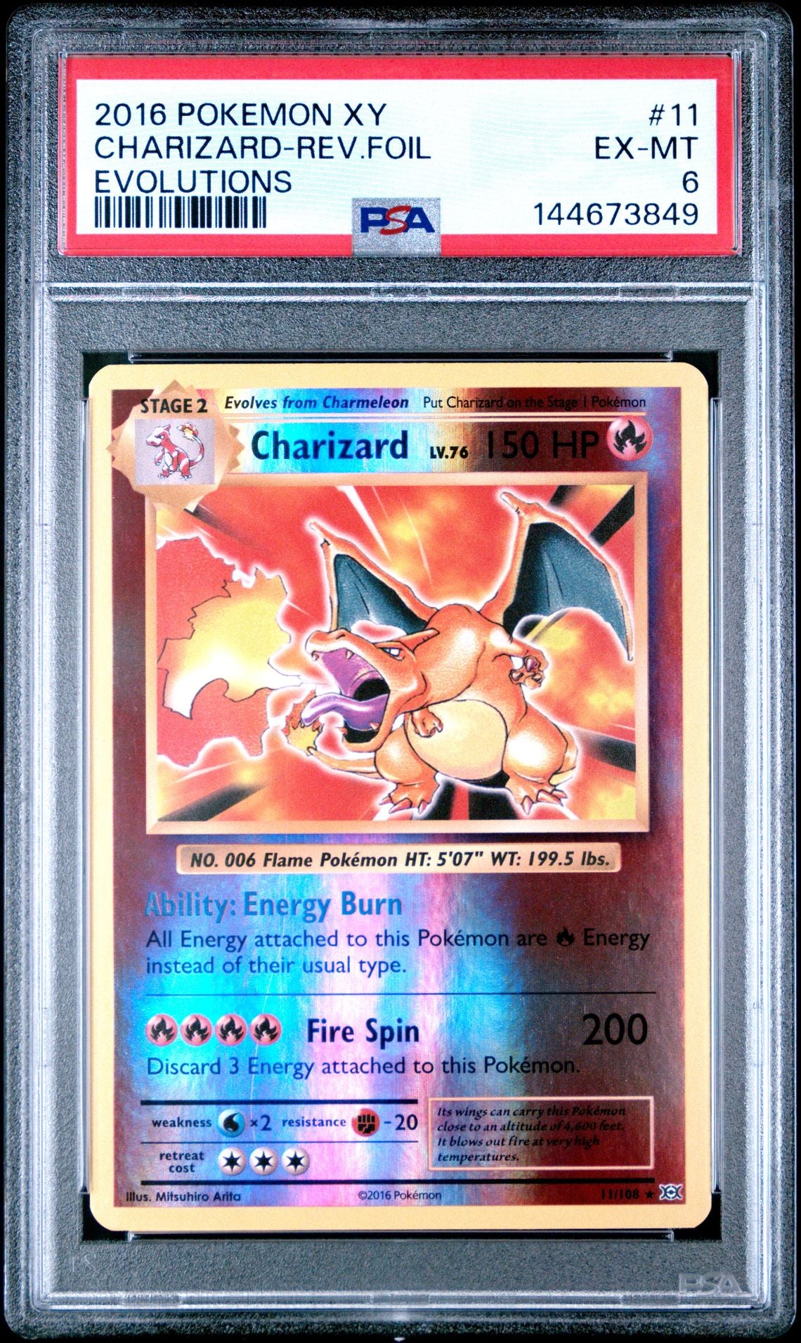 PSA 6 Charizard 11/108 XY Evolutions Reverse Foil graded slab