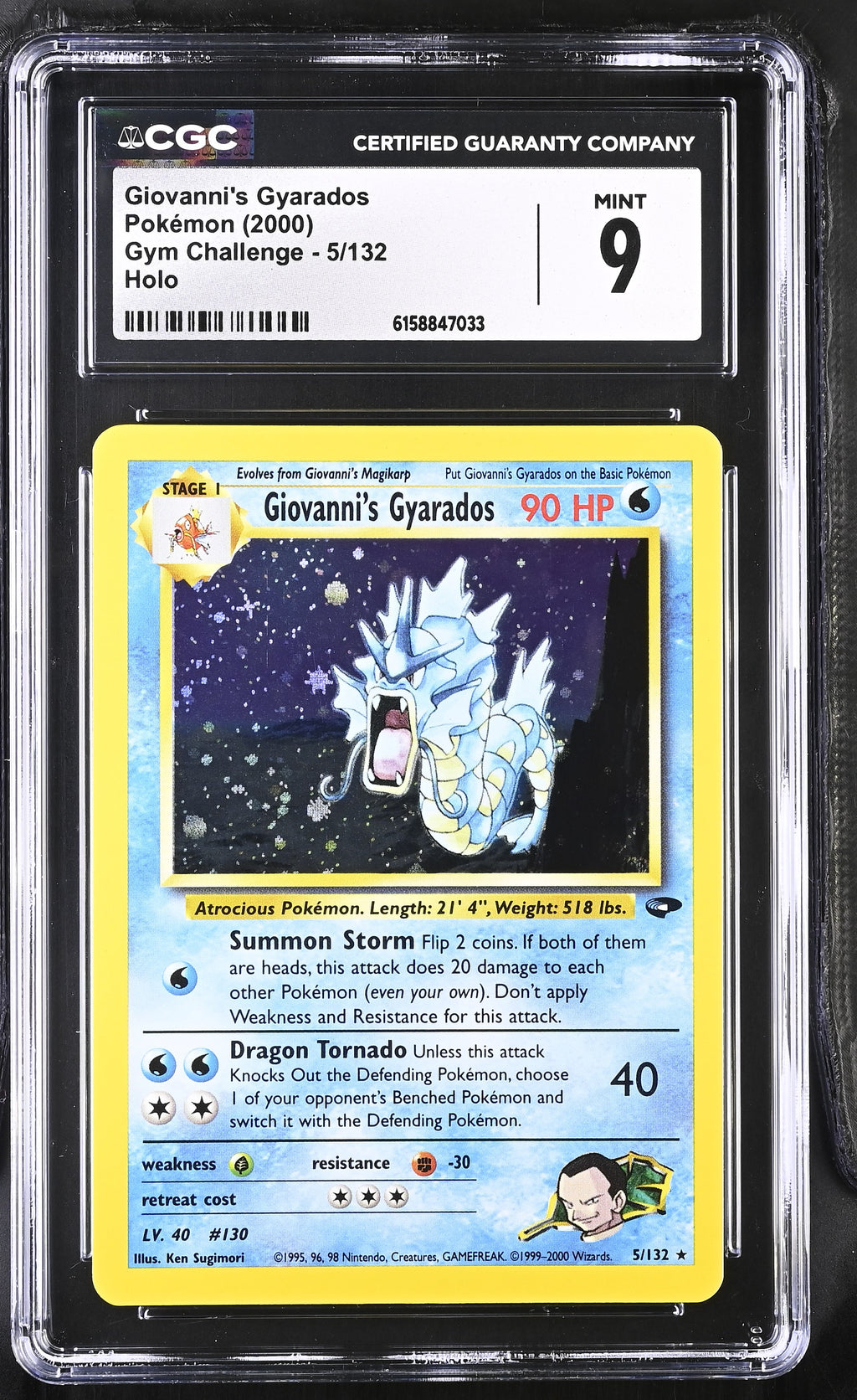 CGC 9 Giovanni's Gyarados - 5/132 - Holo Rare - Gym Challenge - Cert 6158847033 - CGC slab front