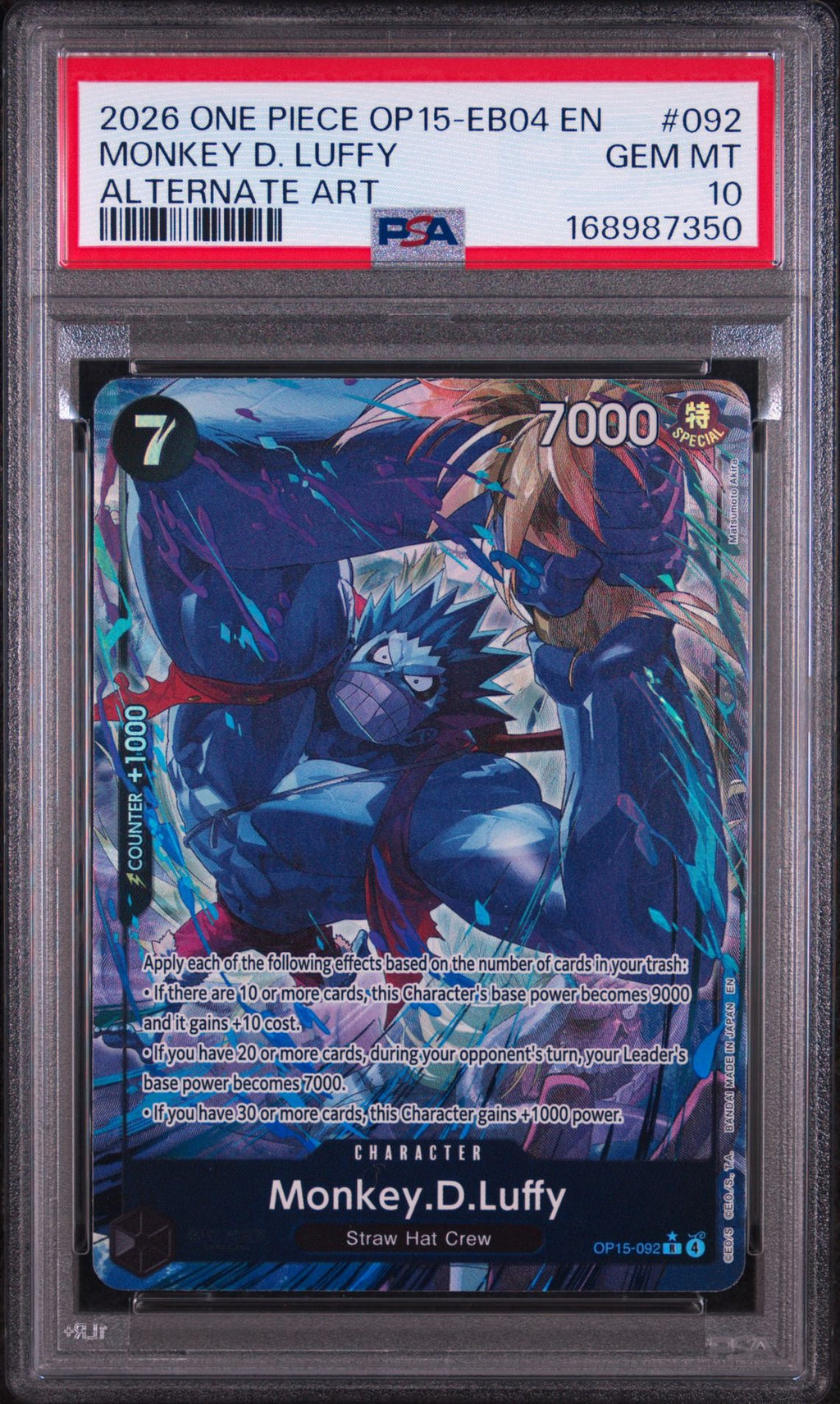 PSA 10 Monkey.D.Luffy (Alternate Art) - OP15-092 - R - Adventure on Kami's Island - Cert 168987350 front