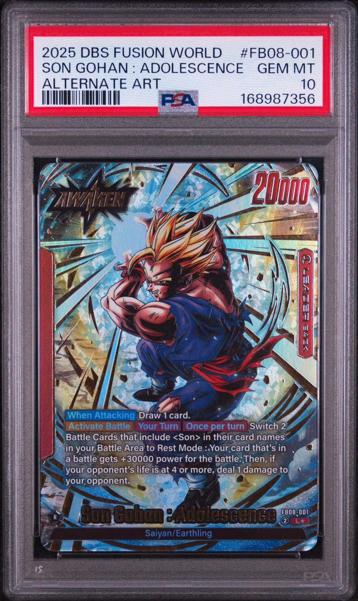 PSA 10 Son Gohan : Adolescence (Alternate Art) - FB08-001 - Leader - Saiyan's Pride - Cert 168987356 front