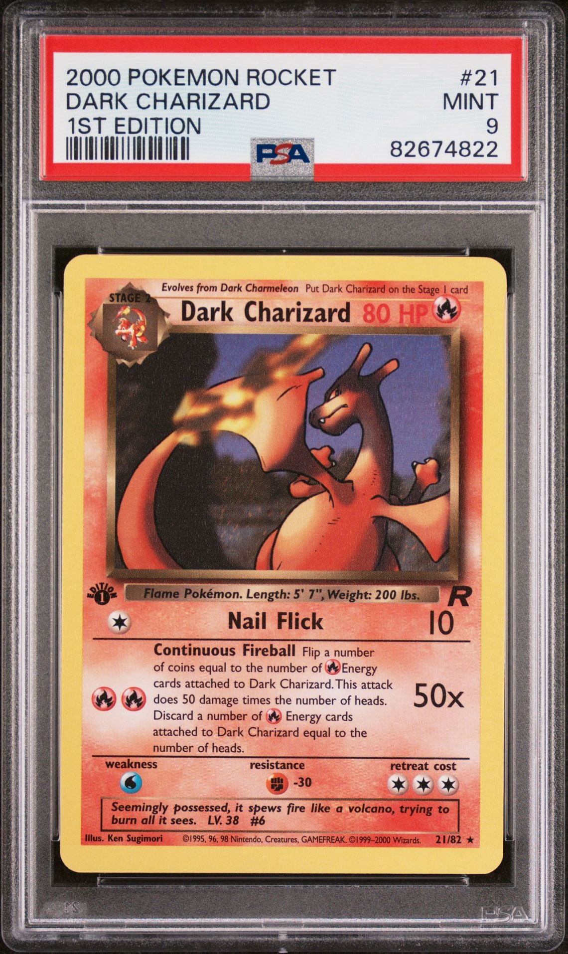 PSA 9 Dark Charizard (1st Edition) - 21/82 - Rare - Team Rocket - Cert 82674822 - PSA slab front