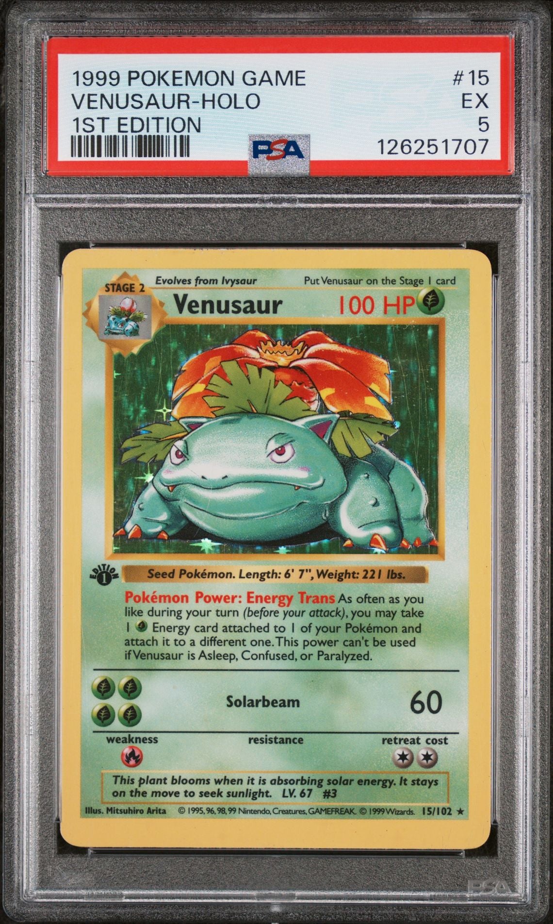 PSA 5 Venusaur 15/102 Holo 1st Edition Base Set - Cert 126251707 front