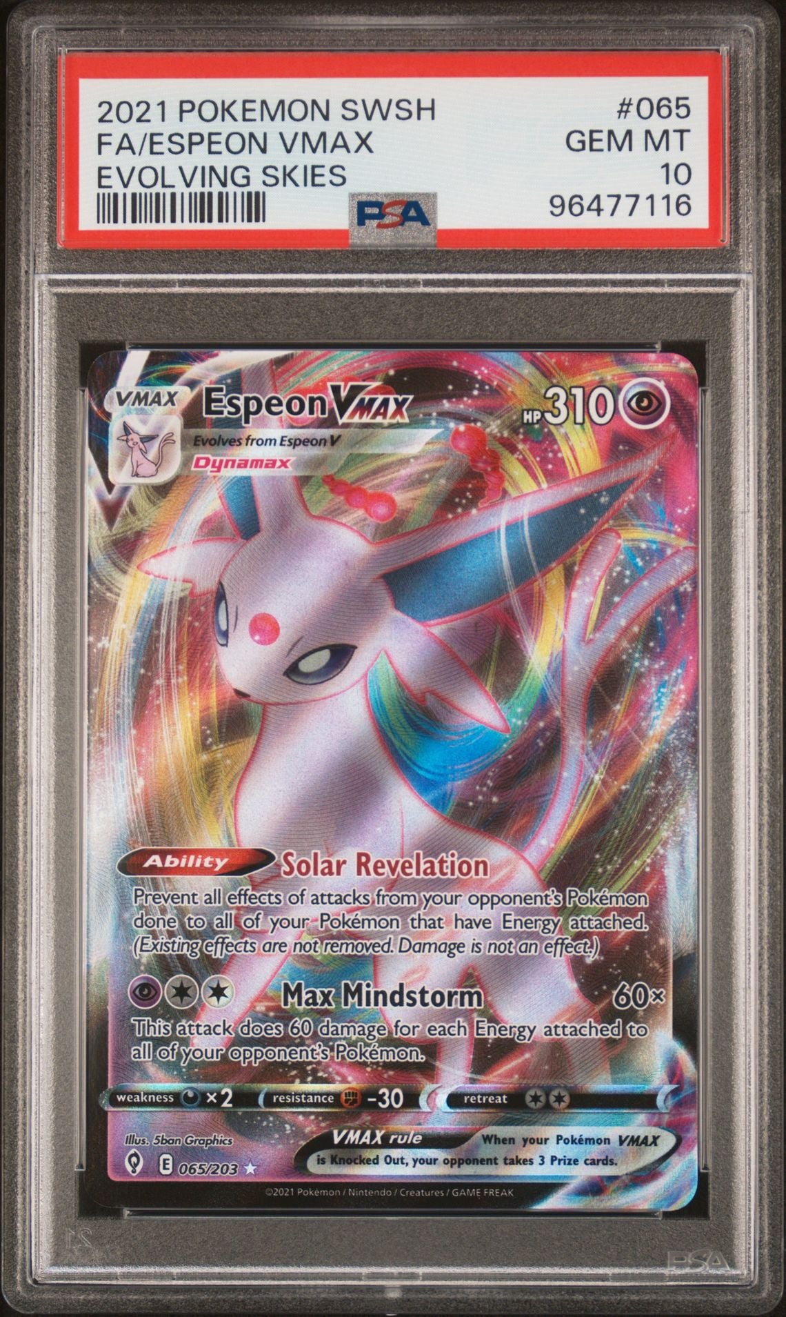 PSA 10 Espeon VMAX - 065/203 - Ultra Rare - Evolving Skies - Cert 96477116 - PSA slab front