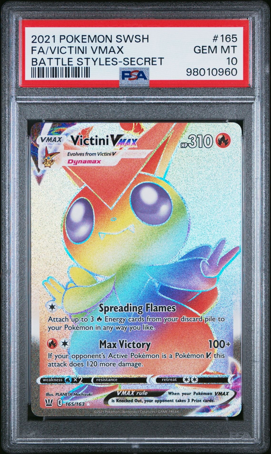 PSA 10 Battle Styles Victini VMAX - 165 - Secret Rare - Battle Styles - Cert 98010960 - PSA slab front