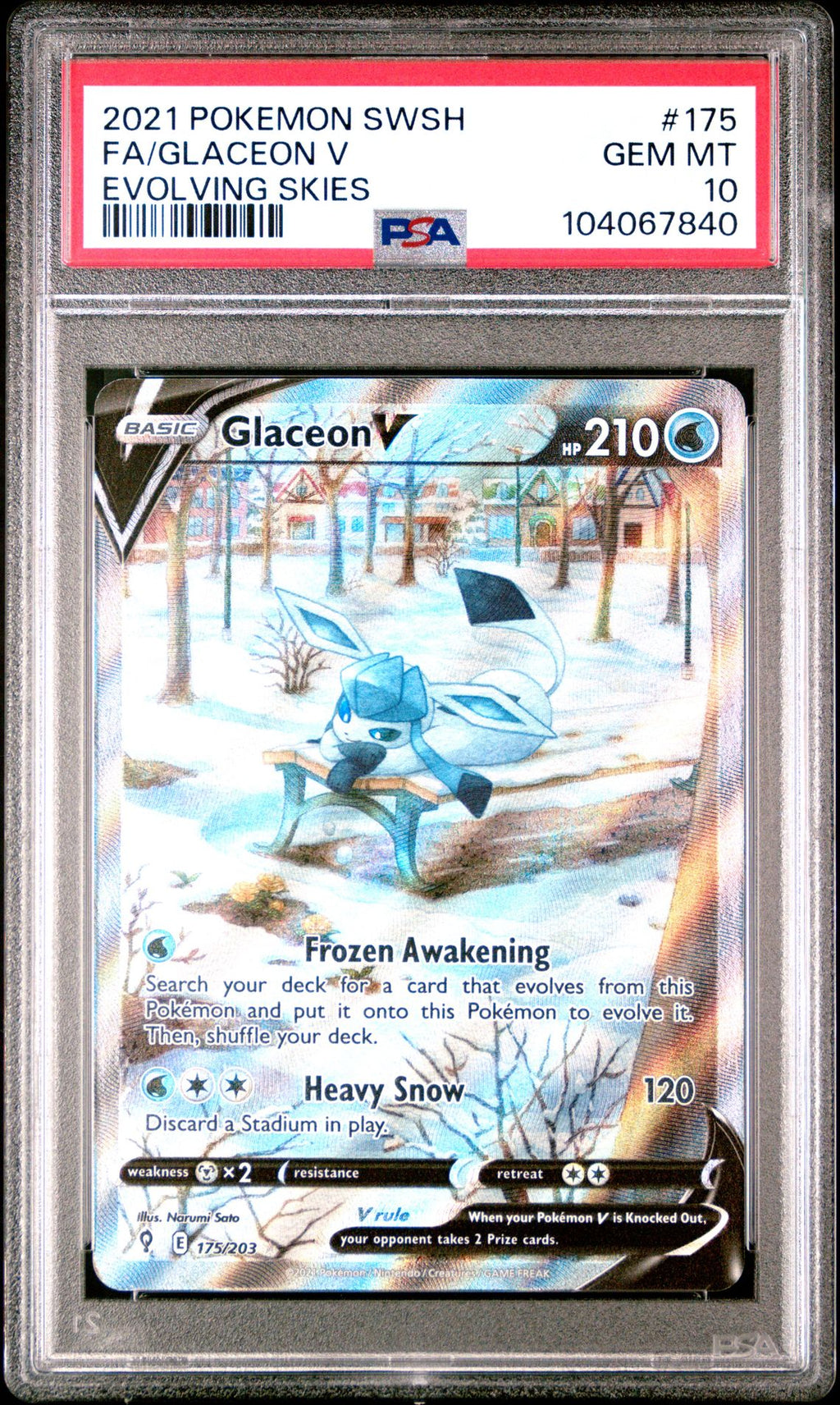 PSA 10 Glaceon V - 175/203 - Art Rare - Evolving Skies - Cert 104067840 front