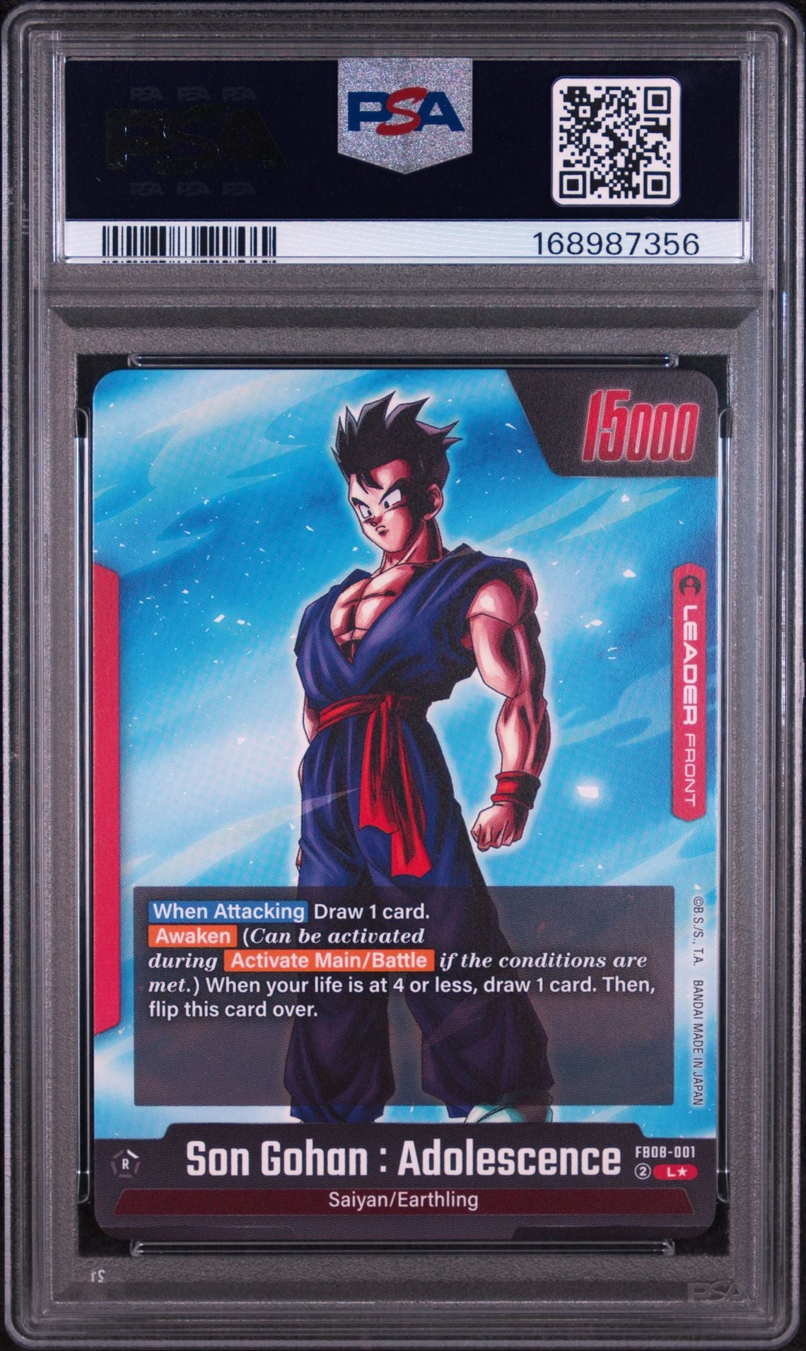 PSA 10 Son Gohan : Adolescence (Alternate Art) - FB08-001 - Leader - Saiyan's Pride - Cert 168987356 back