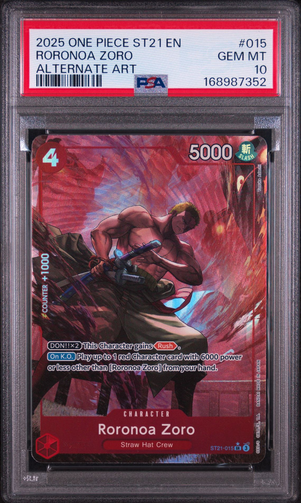 PSA 10 Roronoa Zoro (Alternate Art) - ST21-015 - SR - Starter Deck 21: EX Gear 5 - Cert 168987352 front