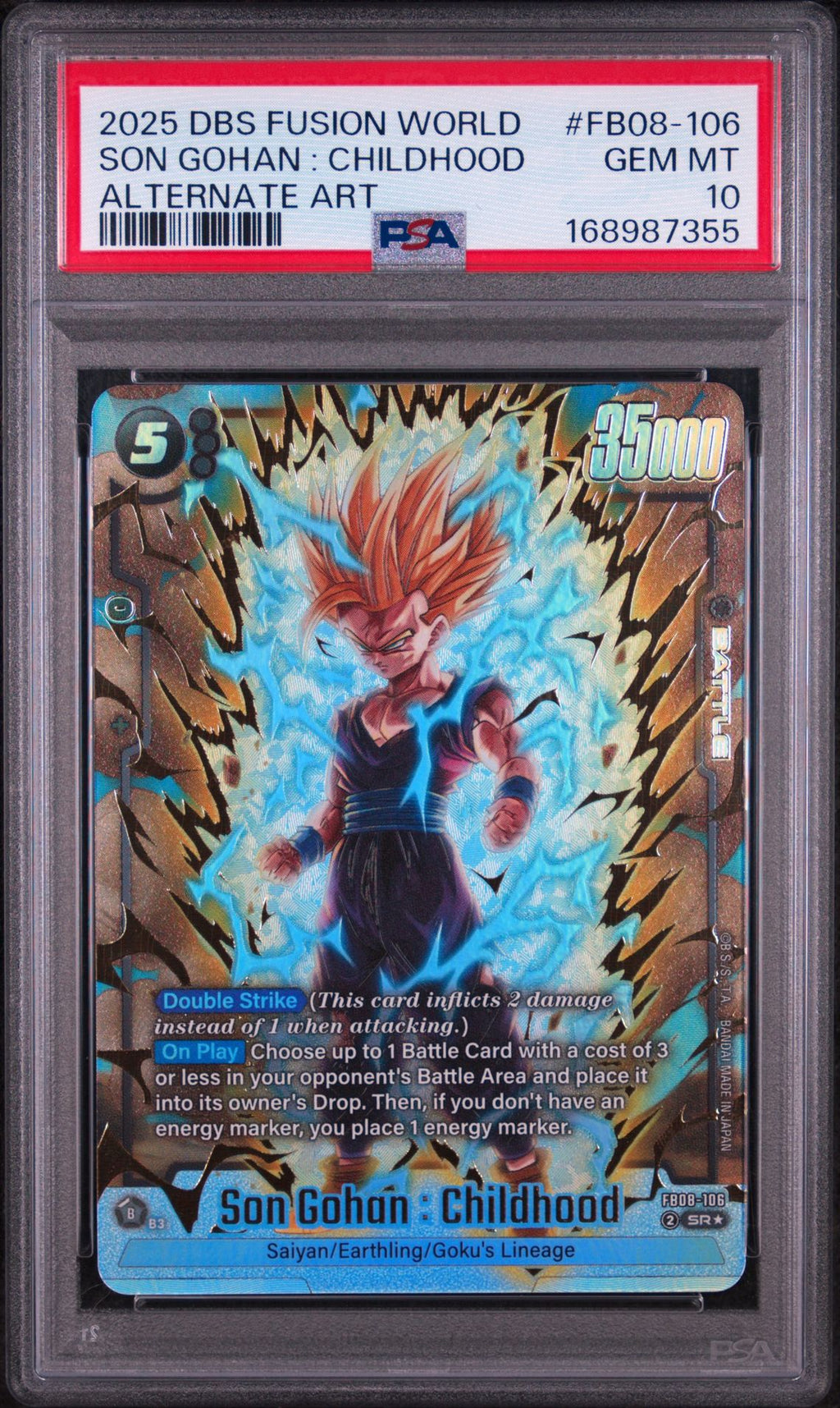 PSA 10 Son Gohan : Childhood (Alternate Art) - FB08-106 - Super Rare - Saiyan's Pride - Cert 168987355 front